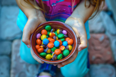 Close-up bowl with a colorful candy in kid's hands. AI generativeの素材