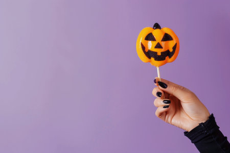 Female hand holds a Halloween pumpkin lollipop on a purple background with a place for text. AI generativeの素材