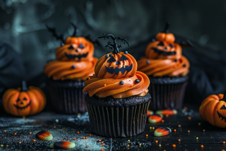 Halloween dessert - cupcakes in the shape of a cute pumpkins. AI generativeの素材