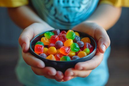 Close-up bowl with a colorful candy in kid's hands. AI generativeの素材
