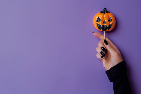 Female hand holds a Halloween pumpkin lollipop on a purple background with a place for text. AI generativeの素材