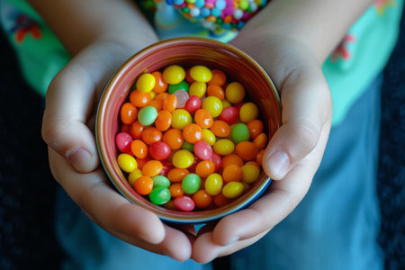 Close-up bowl with a colorful candy in kid's hands. AI generativeの素材