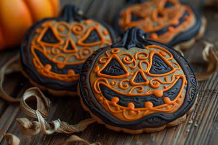 Halloween dessert - cookies in the shape of a cute pumpkins. AI generativeの素材