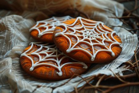 Halloween dessert - creepy cookies with a spiderweb. AI generativeの素材