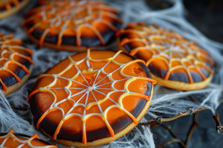 Halloween dessert - creepy cookies with a spiderweb. AI generativeの素材