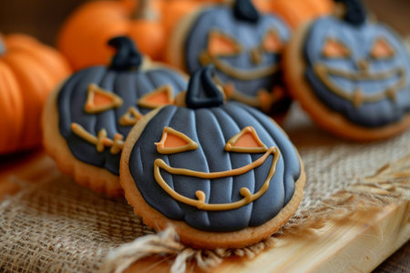 Halloween dessert - cookies in the shape of a cute pumpkins. AI generativeの素材