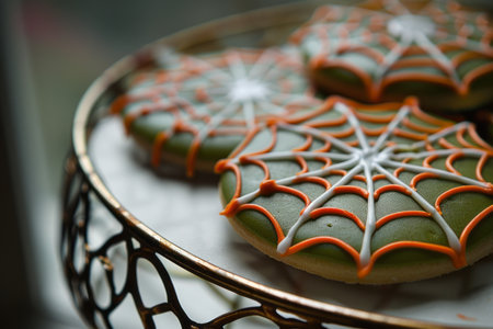 Halloween dessert - creepy cookies with a spiderweb. AI generativeの素材
