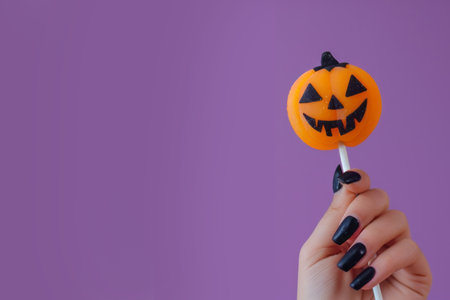 Female hand holds a Halloween pumpkin lollipop on a purple background with a place for text. AI generativeの素材