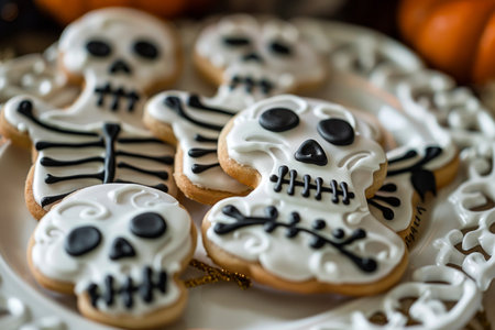 Halloween dessert - creepy cookies with a skeletons. AI generativeの素材