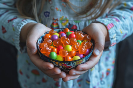 Close-up bowl with a colorful candy in kid's hands. AI generativeの素材