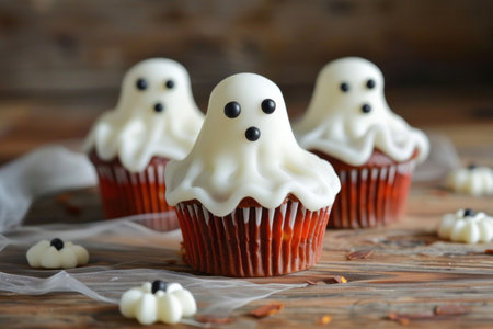 Halloween dessert - cupcake in the shape of a cute white ghost. AI generativeの素材