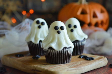 Halloween dessert - cupcake in the shape of a cute white ghost. AI generativeの素材