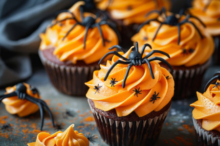 Halloween dessert - creepy cupcakes with a spiders. AI generativeの素材