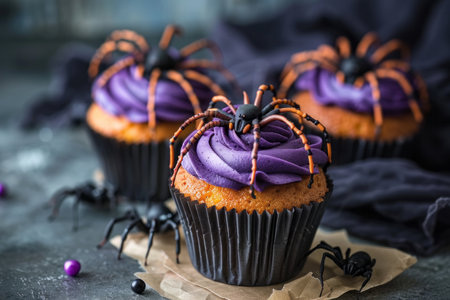 Halloween dessert - creepy cupcakes with a spiders. AI generativeの素材