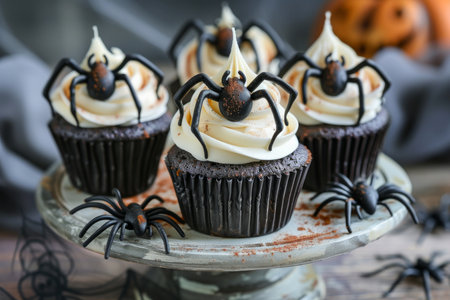 Halloween dessert - creepy cupcakes with a spiders. AI generativeの素材