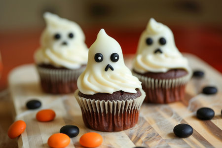 Halloween dessert - cupcake in the shape of a cute white ghost. AI generativeの素材