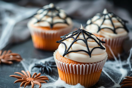 Halloween dessert - creepy cupcakes with a spiderweb. AI generativeの素材