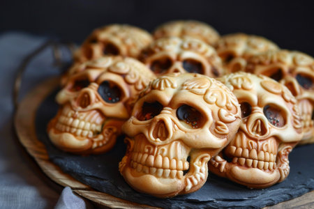 Halloween dessert - creepy cookies skulls shapes. AI generatedの素材