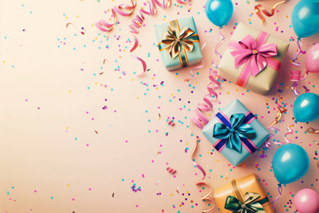 Colorful birthday background with a gift boxes, confetti and place for text. AI generativeの素材