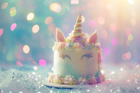 A cake decorated as cute unicorn on a pastel background with a sparkles. AI generativeの素材