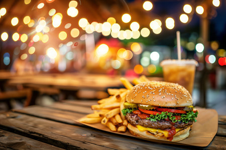 Tasty burger and French fries on a wooden table in an evening outdoor cafe against blurred background with a garlands. AI generativeの素材