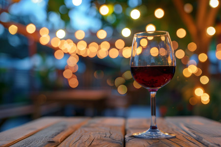 Glass of a red wine on a wooden table in an evening outdoor cafe against blurred background with a garlands. AI generativeの素材