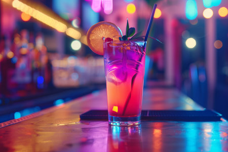 A cocktail on a bar table with neon lights. AI generativeの素材