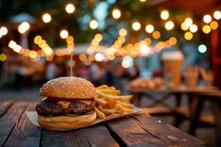 Tasty burger and French fries on a wooden table in an evening outdoor cafe against blurred background with a garlands. AI generativeの素材