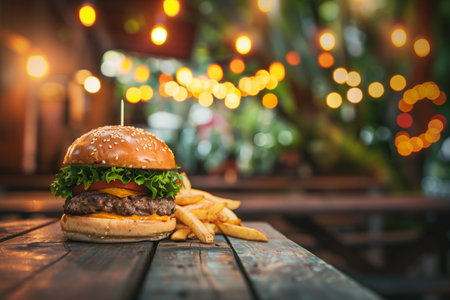 Tasty burger and French fries on a wooden table in an evening outdoor cafe against blurred background with a garlands. AI generativeの素材