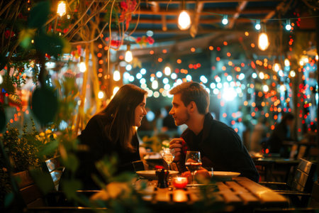 A young guy and a girl on a date in the evening in a street cafe decorated with garlands. AI generativeの素材
