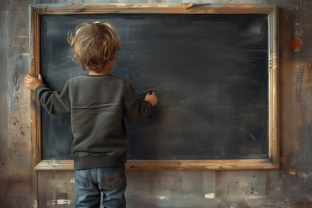 Boy writes with chalk on a black school board. AI generativeの素材