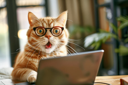 Shocked cat in glasses works at a laptop. AI generativeの素材