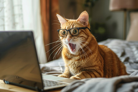 Shocked cat in glasses works at a laptop. AI generativeの素材