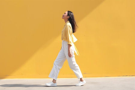 A young Asian woman walks along the sidewalk against the background of a bright wall. AI generativeの素材