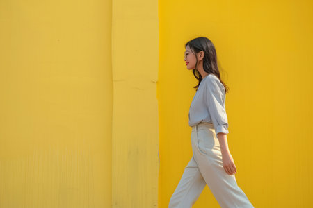 A young Asian woman walks along the sidewalk against the background of a bright wall. AI generativeの素材