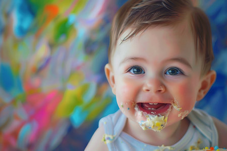 Cute infant baby eats a cake. AI generativeの素材