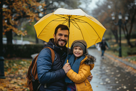 Happy father and kid under the yellow umbrella in the park. AI generativeの素材