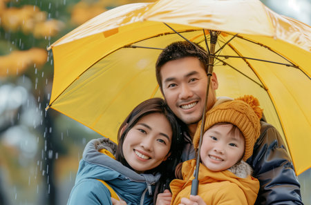 Happy father and kid under the yellow umbrella in the park. AI generativeの素材