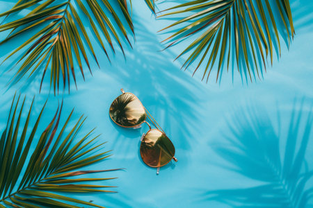 Flat lay with a sunglasses that reflect the sky and palm trees with a place for text. AI generativeの素材