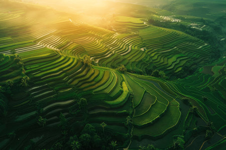 Aerial view of a terraced rice field in the golden hour. AI generativeの素材