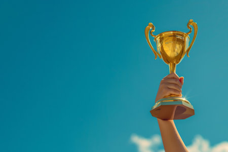 The golden cup in the outstretched hand of a child against a blue sky with copy space. AI generativeの素材