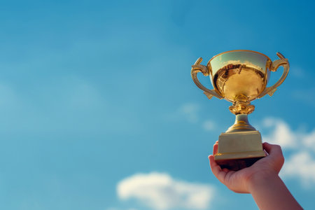 The golden cup in the outstretched hand of a child against a blue sky with copy space. AI generativeの素材