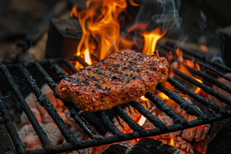 Single BBQ grilled meat cutlet on fire flame, cooking outside. AI generativeの素材