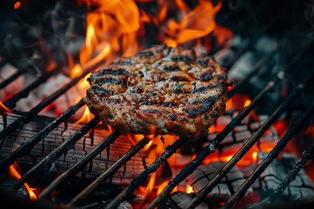 Single BBQ grilled meat cutlet on fire flame, cooking outside. AI generativeの素材