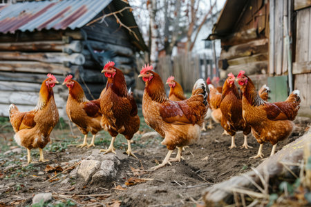 Group of chickens on a farm yard chicken. Free range chickens. AI generativeの素材