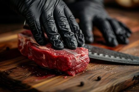 The butcher wearing black gloves cuts the red meat with knife on wooden cutting board.Close-up piece of raw meat with a chef's knife on a dark background. AI generativeの素材