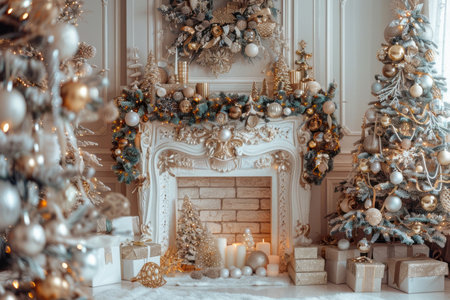 Christmas fireplace and Christmas tree, white and beige colors, festive background. AI generativeの素材