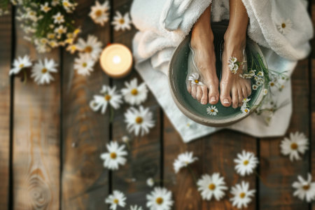 Spa treatment - close up view of female feet in dish with water and flowers on wooden floor. AI generativeの素材