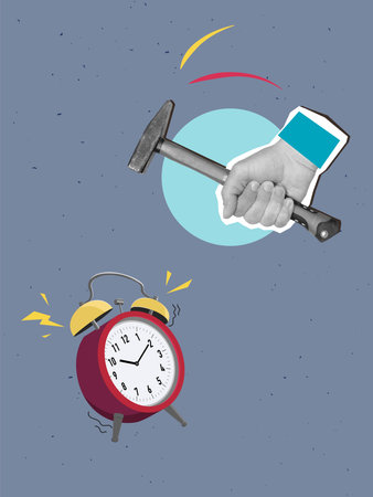 A hand with a hammer swings at a ringing alarm clock. Modern collage vector illustrationのイラスト素材