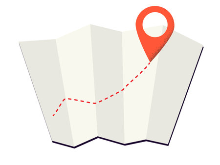 A Paper map with a red location pin. Destination mark on a map. Vector illustration isolated on white backgroundのイラスト素材